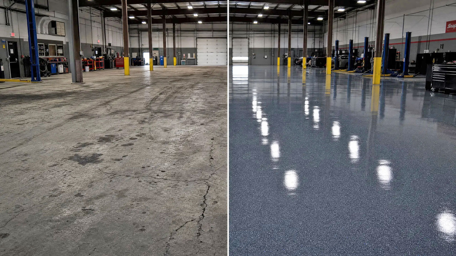 Commercial floor coating before and after — auto shop in Northville & Detroit Metro MI